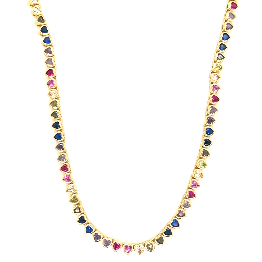 Multicolor CZ Heart Tennis Necklace - Gold Plated