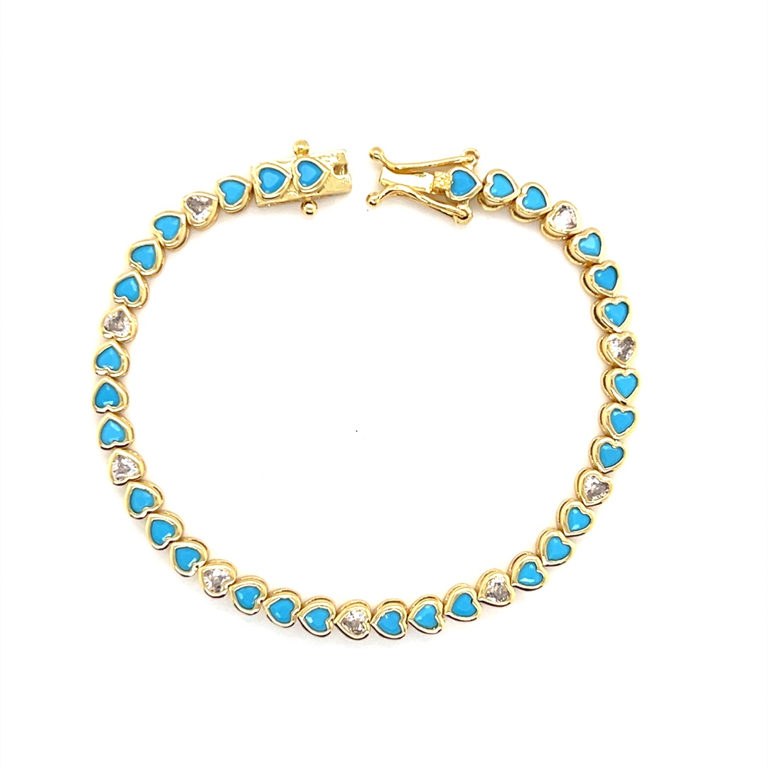 CZ Clear & Blue Heart Tennis Bracelet - Gold Plated