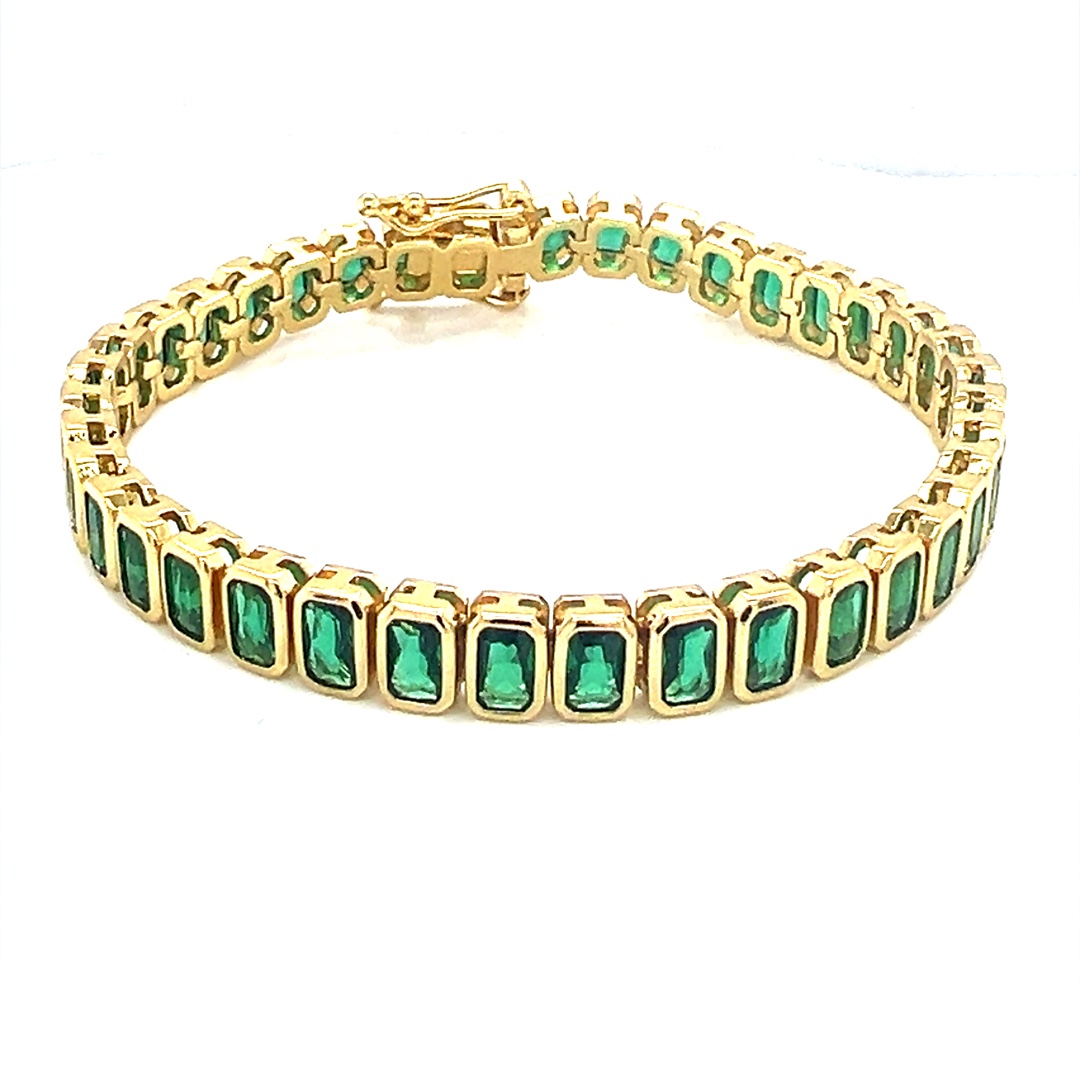 Green Rectangle Tennis Bracelet  - Gold Plated