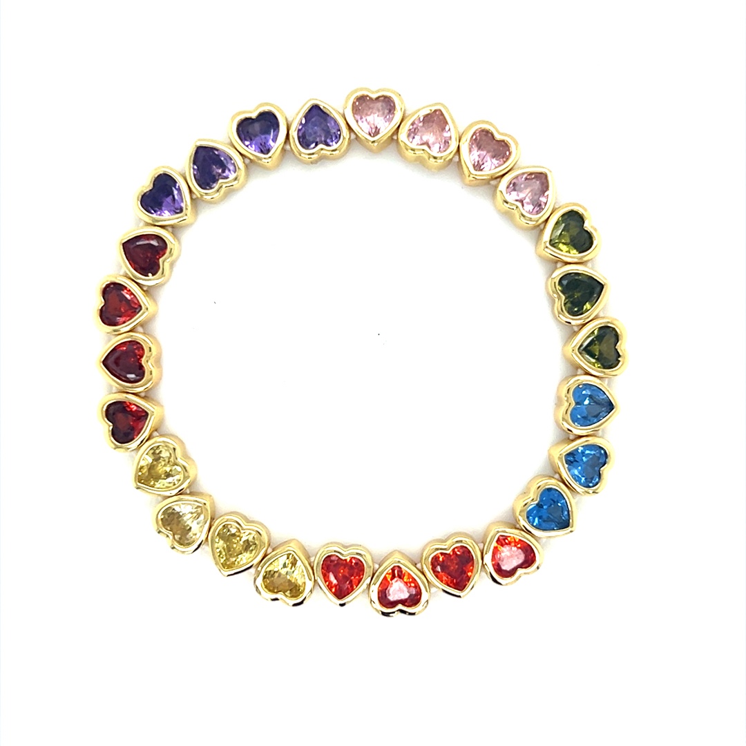 7mm Rainbow Heart CZ Stretch Bracelet- Gold Plated