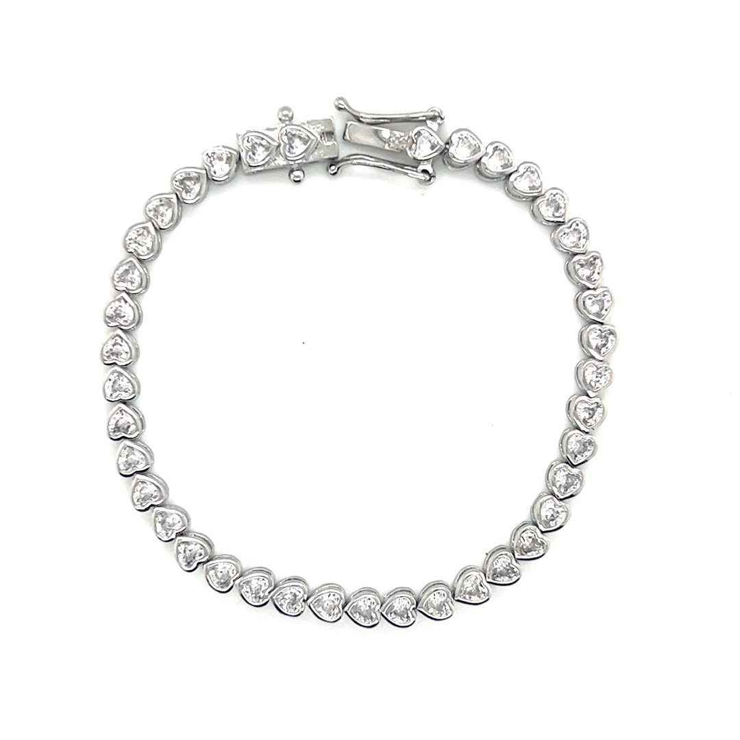 4mm CZ Heart Tennis Bracelet  - Silver Plated