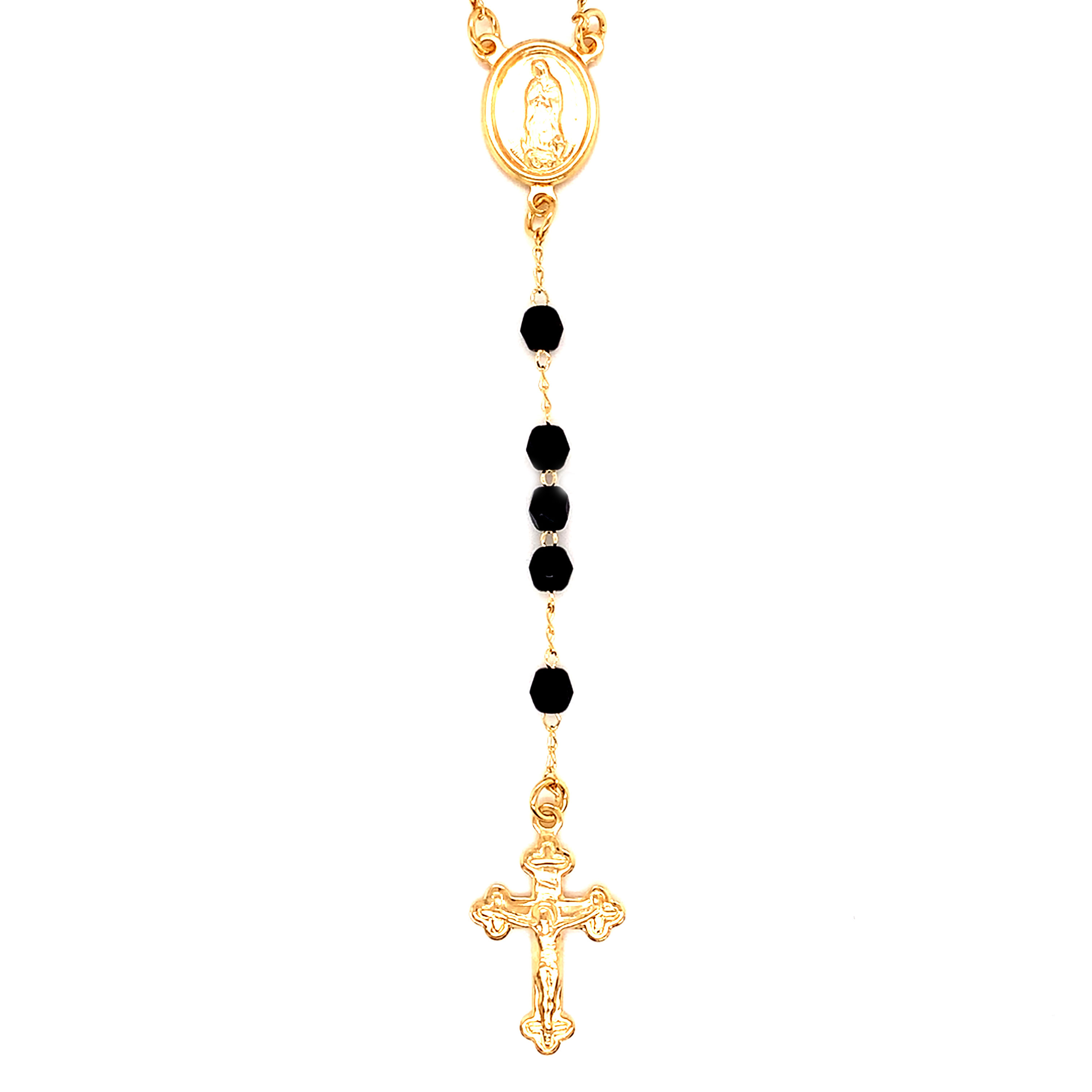 Black Crystal Rosary Necklace - Gold Filled