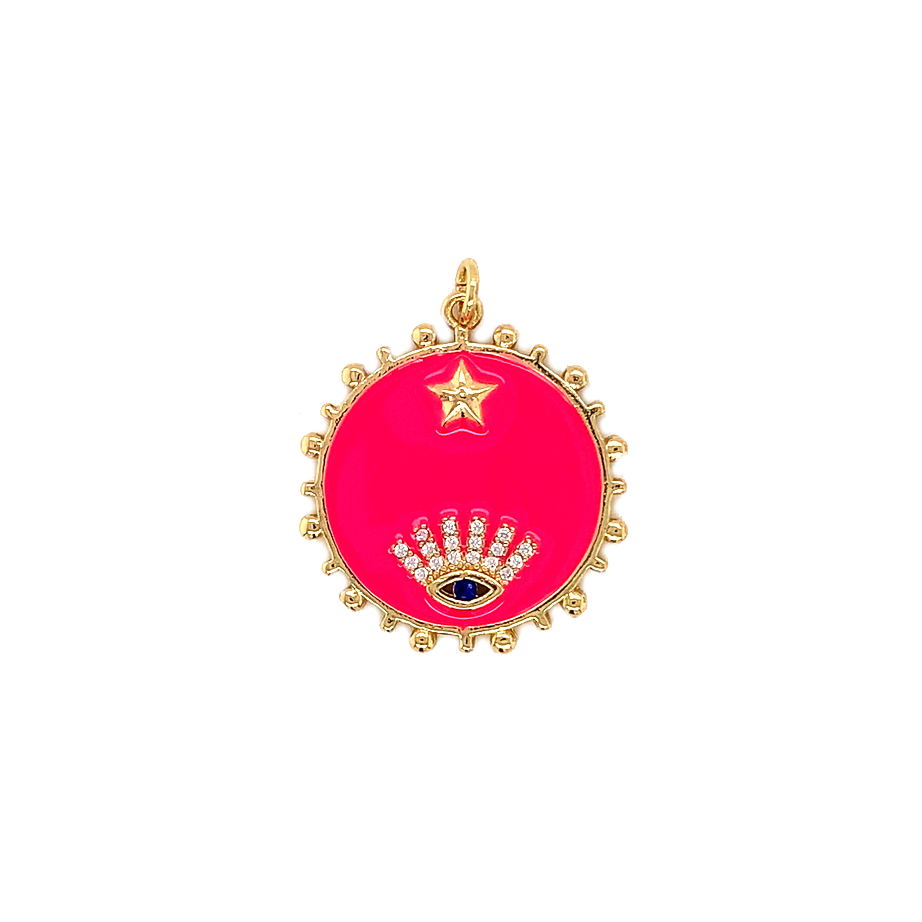 CZ Lucky Eye Pink Enamel Disc - Gold Plated
